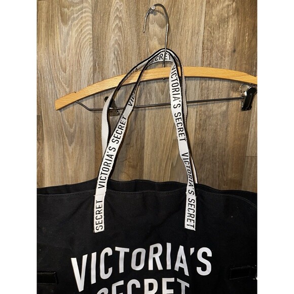 Victoria's Secret Large Tote Canvas Weekender Bag Black & White Logo - Picture 5 of 6